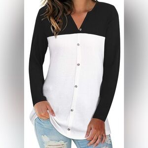 Womens Long Sleeve Tunic V Neck Button Blouse Black and White, XL